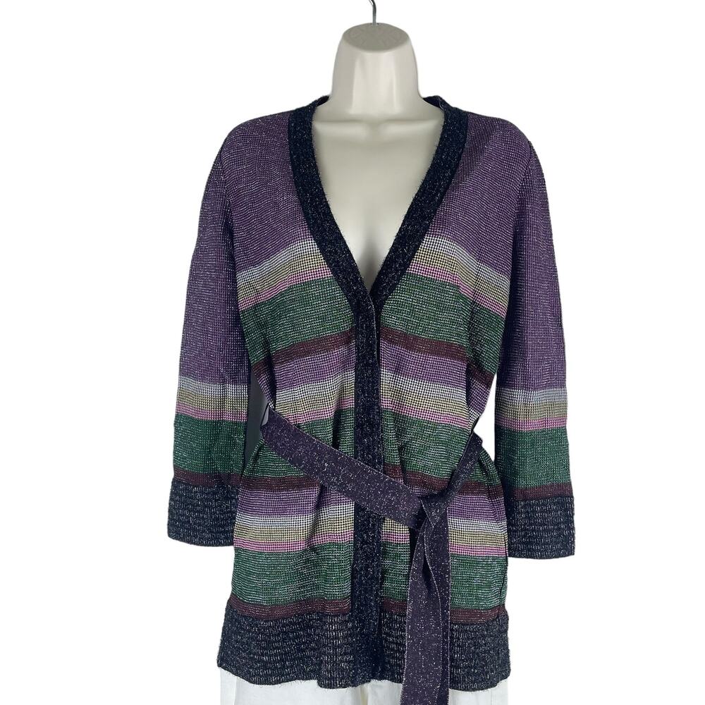 Missoni Metallic Striped Cardigan Color Block Belt Tie Size 6